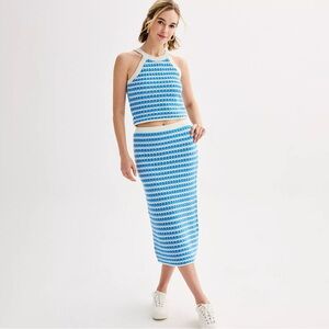 Juniors' Freshman Crochet High Neck Sweater and Skirt Set medium NWT Blue White